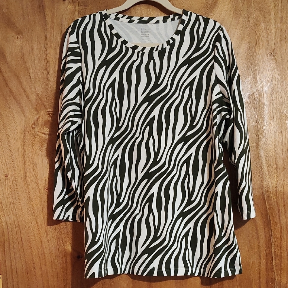 *Like New* Kim Rogers Perfectly Soft Tee Olive Zebra Stripe Cotton ¾-Sleeve Lrg